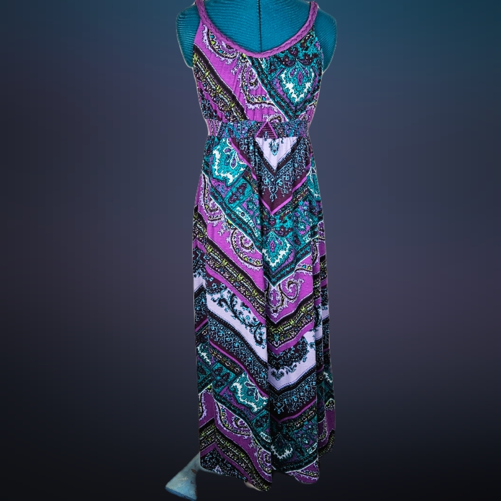 Faded Glory - Maxi dress, purple -teal paisley pattern braided straps ,size sm
